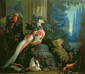 A White Pheasant, a Red Cardinal and Fowl in a Landscape